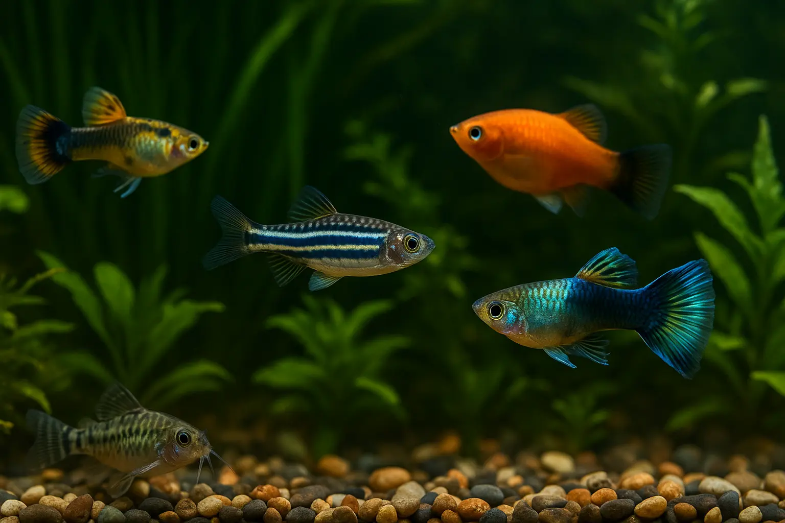 Bu görsel, “Yeni Başlayanlar İçin En Dayanıklı 5 Akvaryum Balığı” blog yazısı için özel olarak hazırlanmıştır. Bitkili bir akvaryumda lepistes, zebra danio, plati ve corydoras türleri doğal ortamda yüzmektedir.