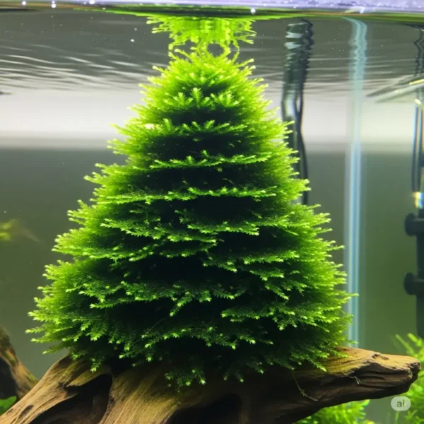 Akvaryumda kayaya sarılmış çam dalı yapısında Christmas Moss bitkisi