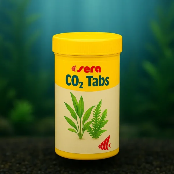 Sera CO2 Tablet kutusu, arka planda flu akvaryum görüntüsüyle