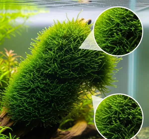Kayaya bağlanmış Java Moss yosunu – yoğun yeşil dallı yapısı ile akvaryum ortamında