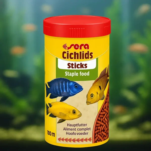 Akvaryum önünde konumlandırılmış Sera Cichlids Sticks 100ml çubuk yem kutusu