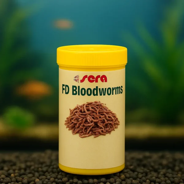 arkasında akvaryum görüntüsü olan sera bloodworms kutusunun görüntüsü