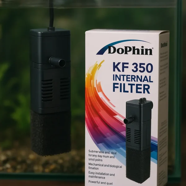 Dophin KF 350 iç filtre akvaryuma monte edildi, kutusu net şekilde önde yer alıyor
