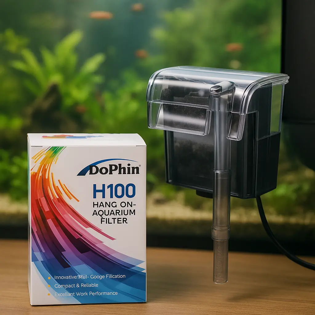 Dophin H100 askılı şelale filtre akvaryuma monte edilmiş kutulu görsel