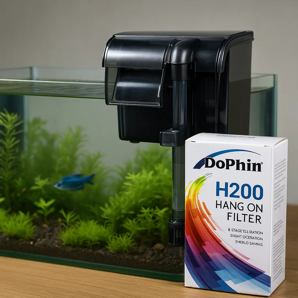 Dophin H200 şelale filtre kutulu ve akvaryuma monte edilmiş halde