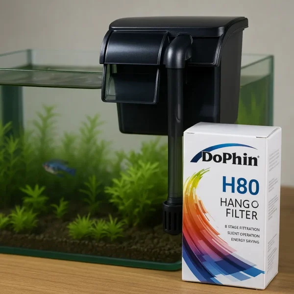 Dophin H80 şelale filtre kutulu ürün görseli, akvaryumda takılı halde