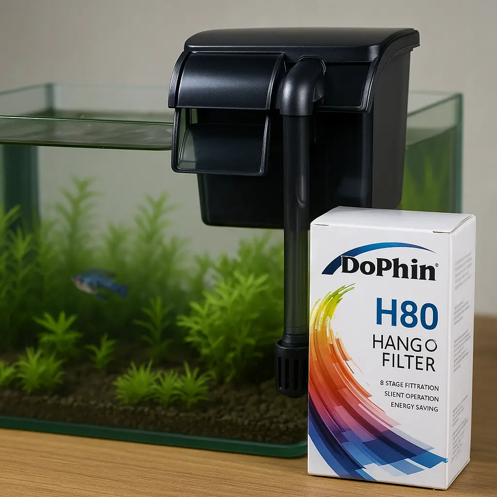 Dophin H80 şelale filtre kutulu ürün görseli, akvaryumda takılı halde