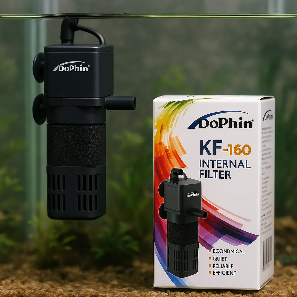 Dophin KF 160 iç filtre akvaryuma monte edildi, kutusu ön planda duruyor