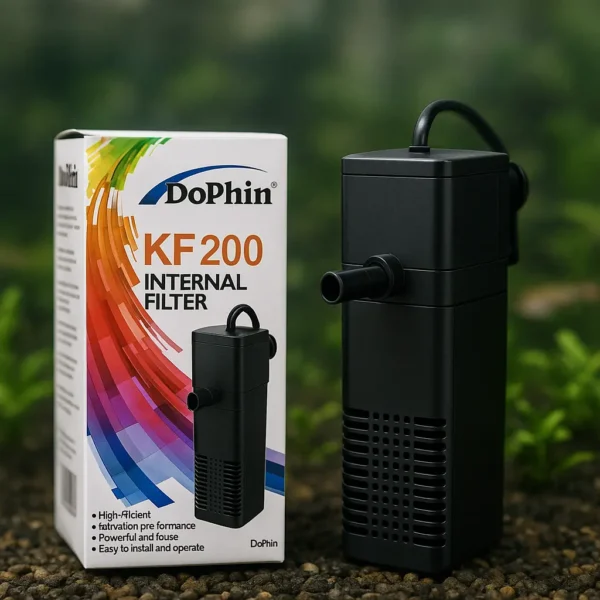 Dophin KF 200 iç filtre akvaryuma monte edildi, ürün kutusu önde net duruyor
