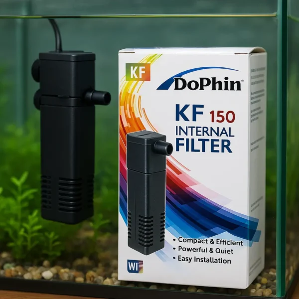 Dophin KF 150 iç filtre akvaryumda takılı, kutusu önde net şekilde görünüyor