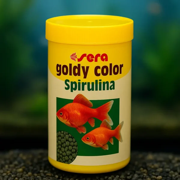 Sera Goldy Color Spirulina yem kutusu, akvaryum önünde tanıtım