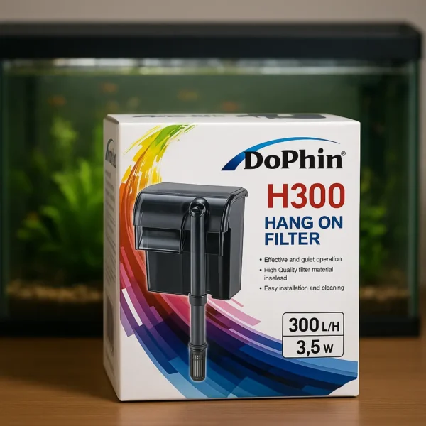 Dophin H300 kutulu şelale filtre akvaryum önünde net şekilde görünüyor