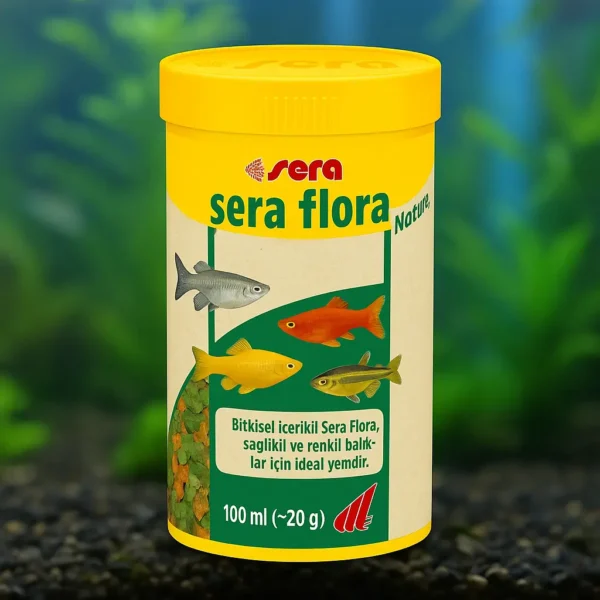 Akvaryum önünde yer alan Sera Flora Nature 100ml bitkisel pul yem kutusu