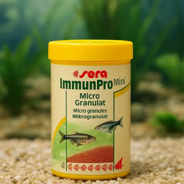 Akvaryum önünde duran Sera ImmunPro Mini Nature 100ml yem kutusu