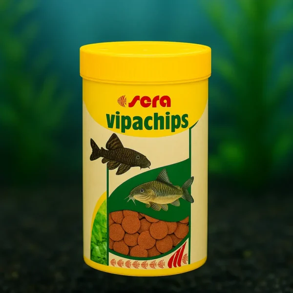 Sera Vipachips yem kutusu, akvaryum camı önünde net şekilde görünüyor.