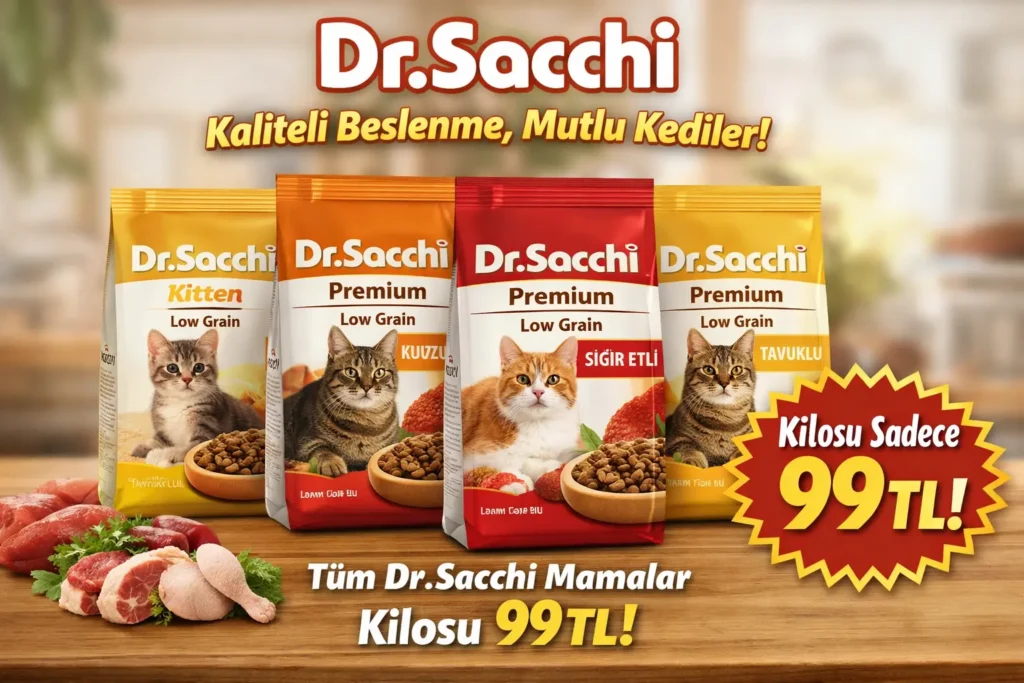 Dr.Sacchi kedi mamaları kampanyası kilosu 99 TL tavuklu kuzulu sığır etli çeşitler